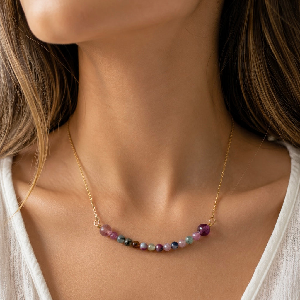 Collar de Acero Inoxidable Dorado con Turmalina Sandía – Amor, Equilibrio y Alegría