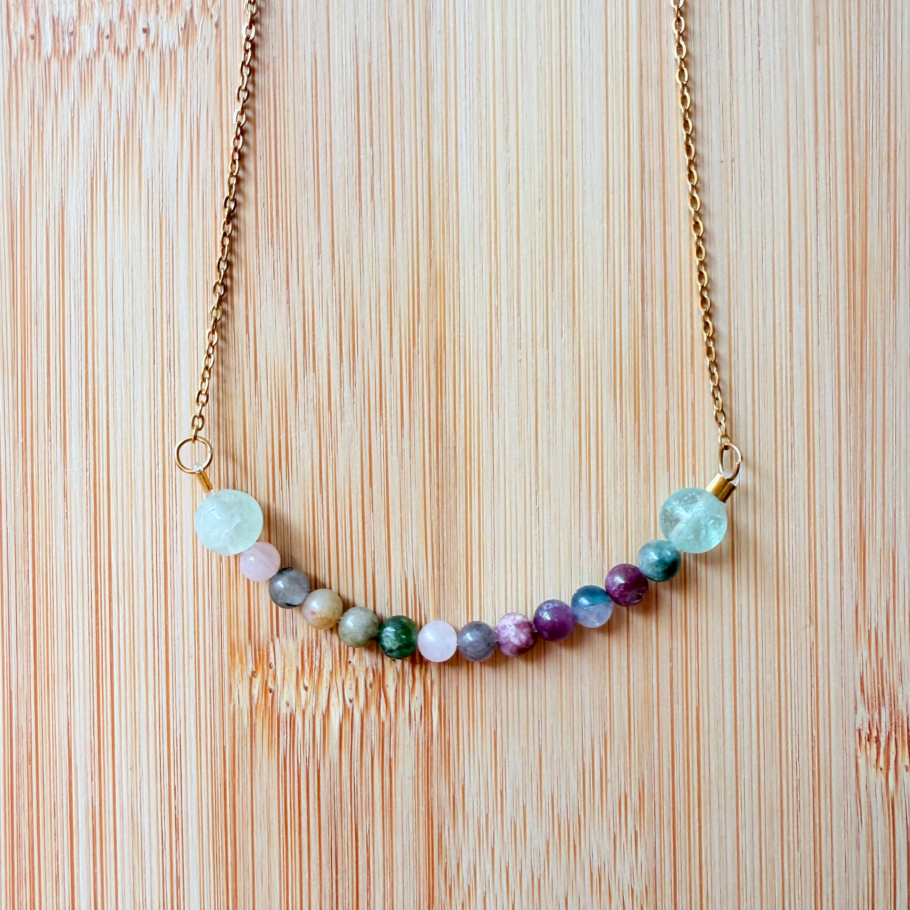 Collar de Acero Inoxidable con Turmalina Sandía y Fluorita – Equilibrio, Amor e Intuición