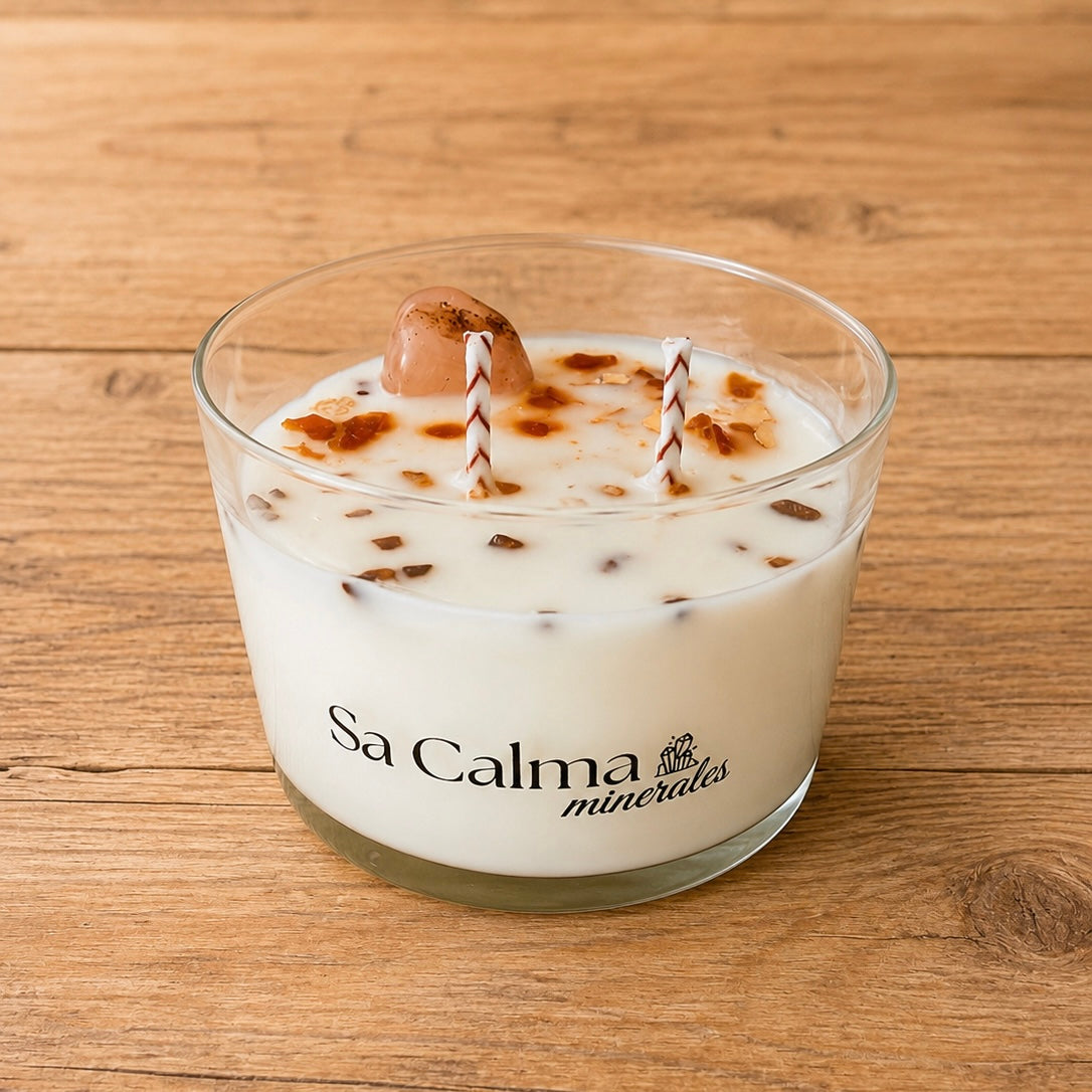 Vela Aromática de Naranja y Canela | Cuarzo Cristal, Ojo de Tigre, Miel y Papel de Oro- Prosperidad