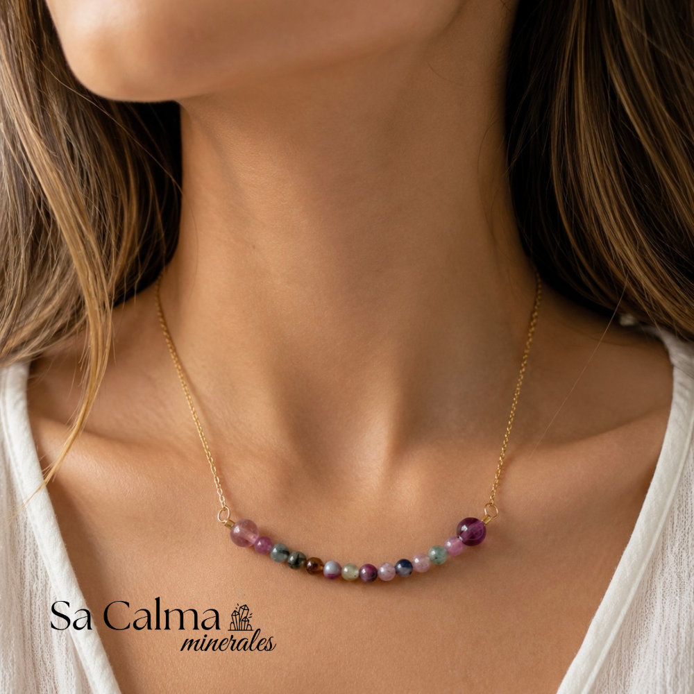 Collar de Acero Inoxidable Dorado con Turmalina Sandía – Amor, Equilibrio y Alegría