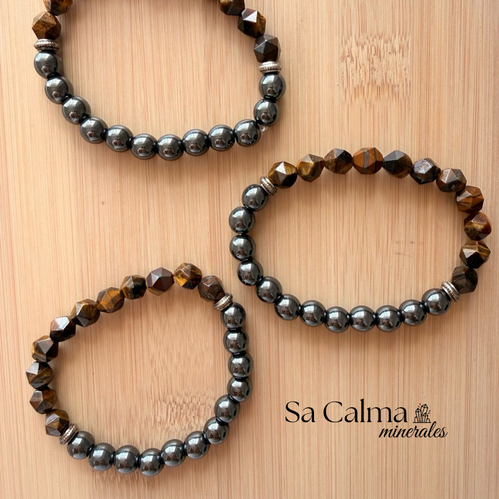 Pulsera Elástica de Ojo de Tigre y Hematite para Protección, Seguridad y Equilibrio Energético