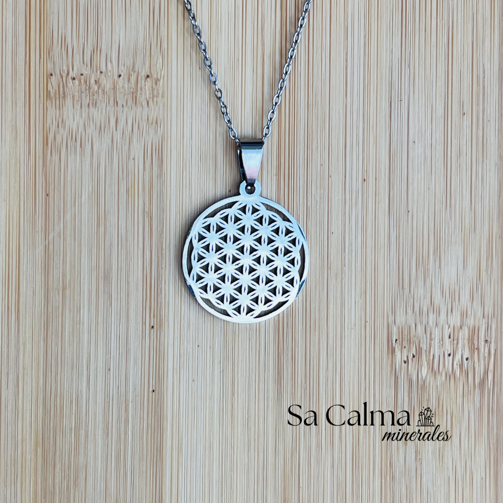 Collar de Acero Inoxidable Plateado con Símbolo Flor de la Vida para Protección y Armonía Energética