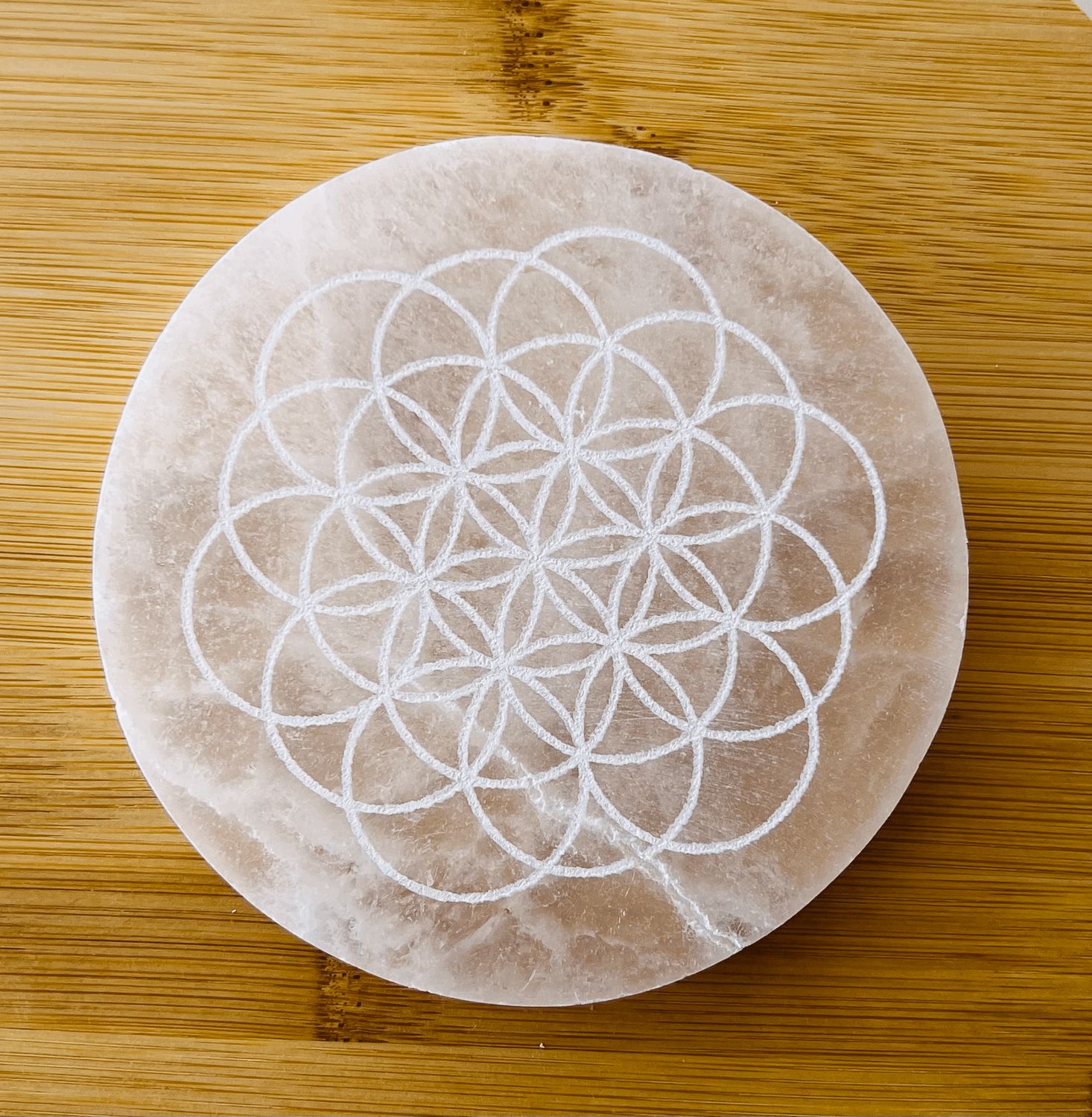 Placa de Selenita con Flor de la Vida para Limpieza y Armonización Energética