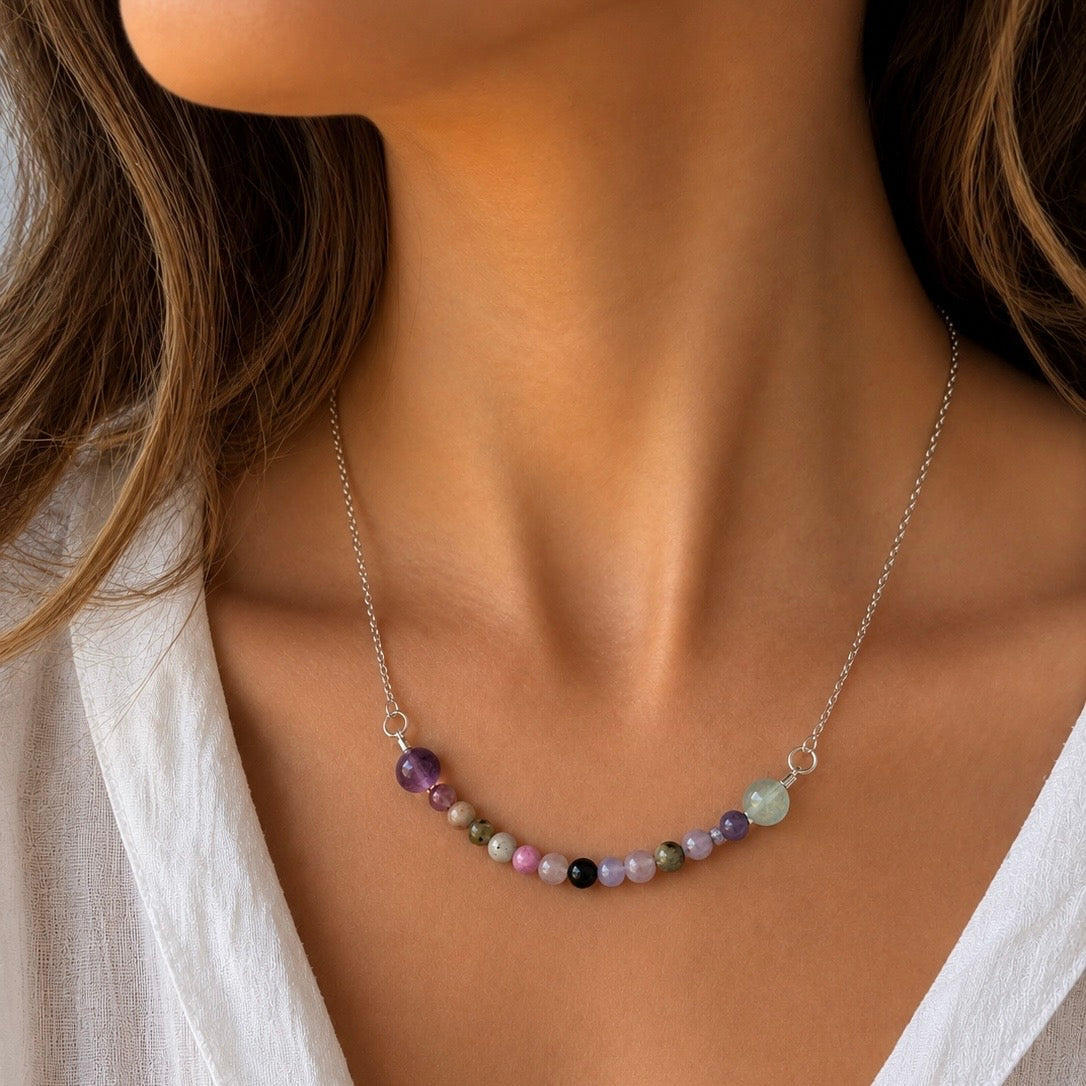 Collar de Acero Inoxidable con Turmalina Sandía y Fluorita – Equilibrio, Amor e Intuición