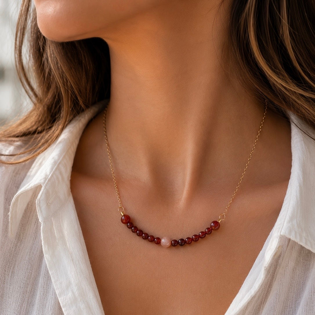 Collar de Acero Inoxidable con Cornalina y Piedra Sol – Energía, Vitalidad y Confianza