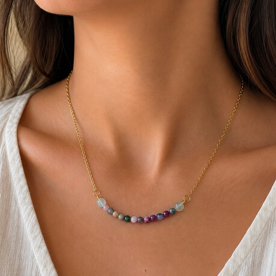 Collar de Acero Inoxidable con Turmalina Sandía y Fluorita – Equilibrio, Amor e Intuición