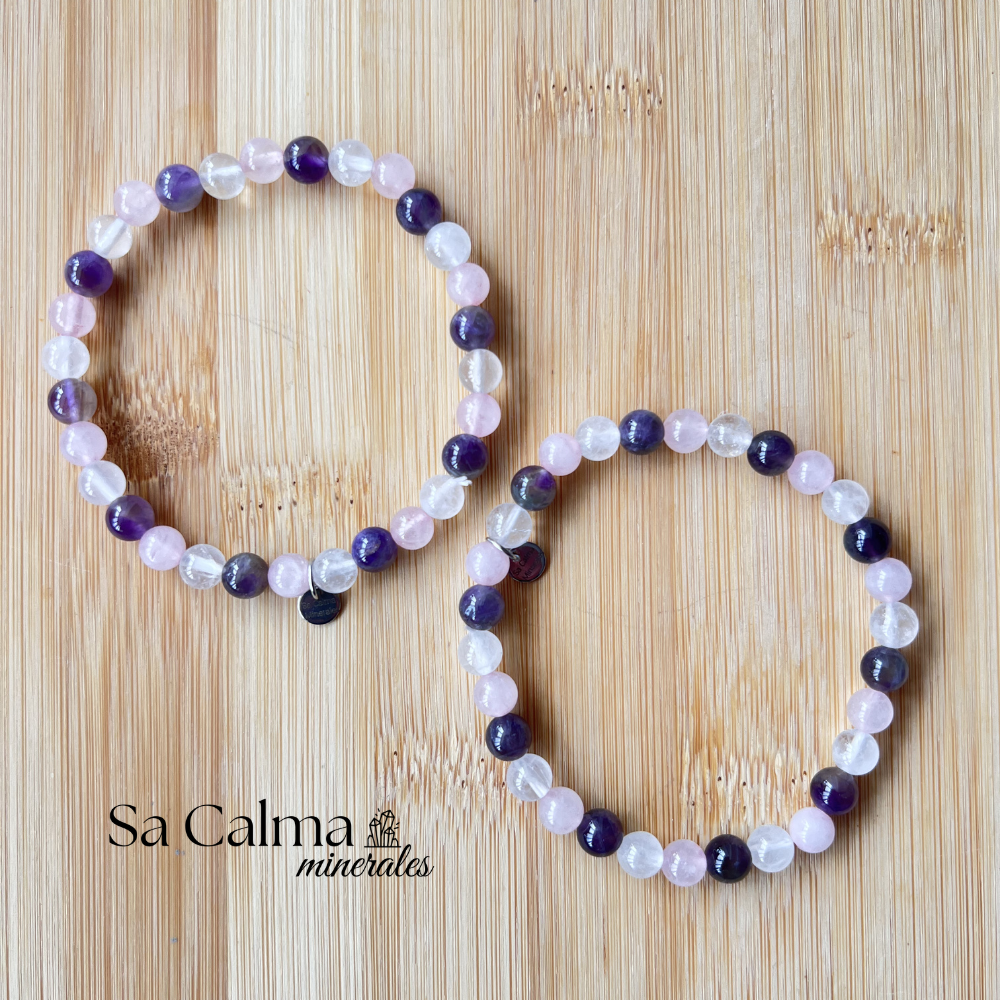 Pulsera Elástica de Cuarzo Rosa, Cuarzo Cristal y Amatista – Armonía y Equilibrio