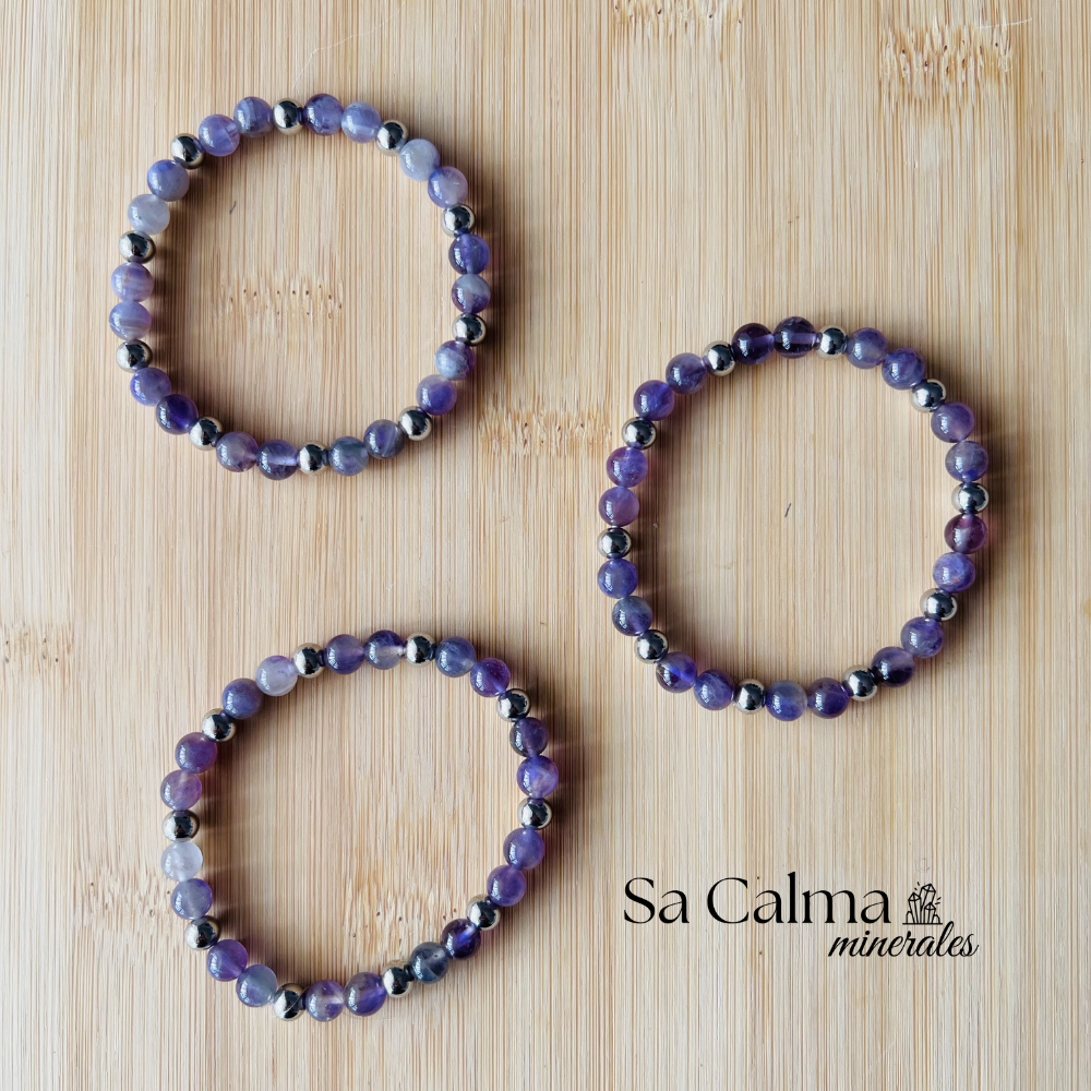 Pulsera Elástica de Amatista con Bolas de Acero Inoxidable | Equilibrio y Protección