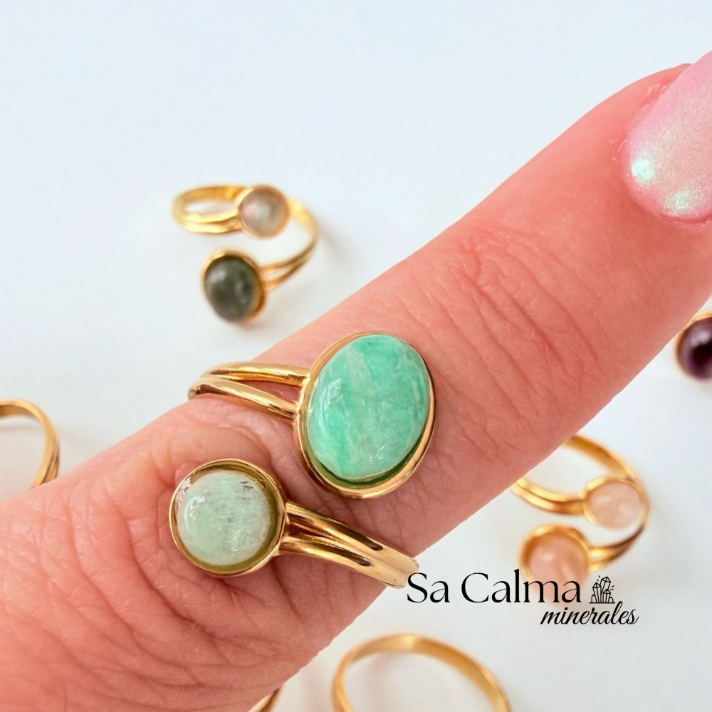 Anillo Dorado de Acero Inoxidable con Amazonita para Calma, Equilibrio Emocional y Energía Positiva
