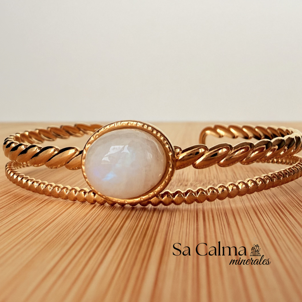 Brazalete de Acero Inoxidable con Piedra Luna – Intuición y Equilibrio