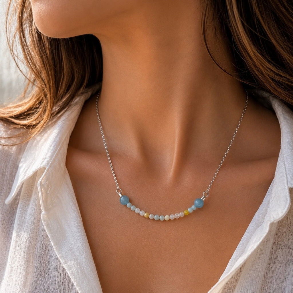 Collar de Acero Inoxidable con Morganita y Aguamarina – Amor, Calma y Equilibrio Emocional