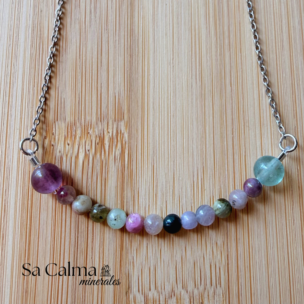Collar de Acero Inoxidable con Turmalina Sandía y Fluorita – Equilibrio, Amor e Intuición
