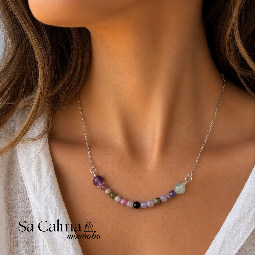 Collar de Acero Inoxidable con Turmalina Sandía y Fluorita – Equilibrio, Amor e Intuición