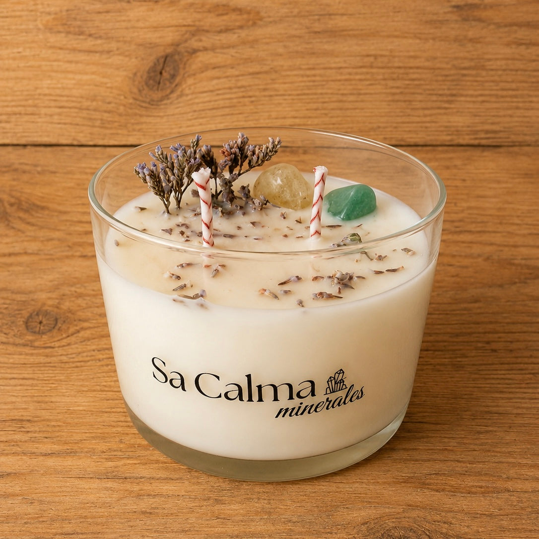Vela Aromática de Crema de Limón | Cuarzo Limón, Aventurina y Energía Positiva