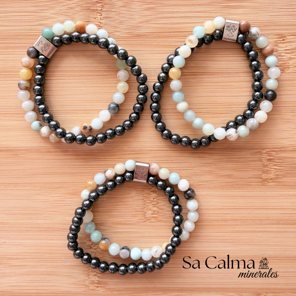 Pulsera Doble de Hematite y Amazonita – Equilibrio, Comunicación y Bienestar