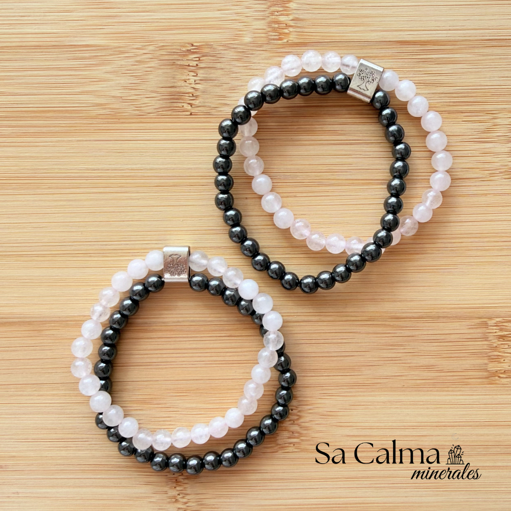 Pulsera Doble de Hematite y Cuarzo Rosa – Amor Propio, Atracción y Protección