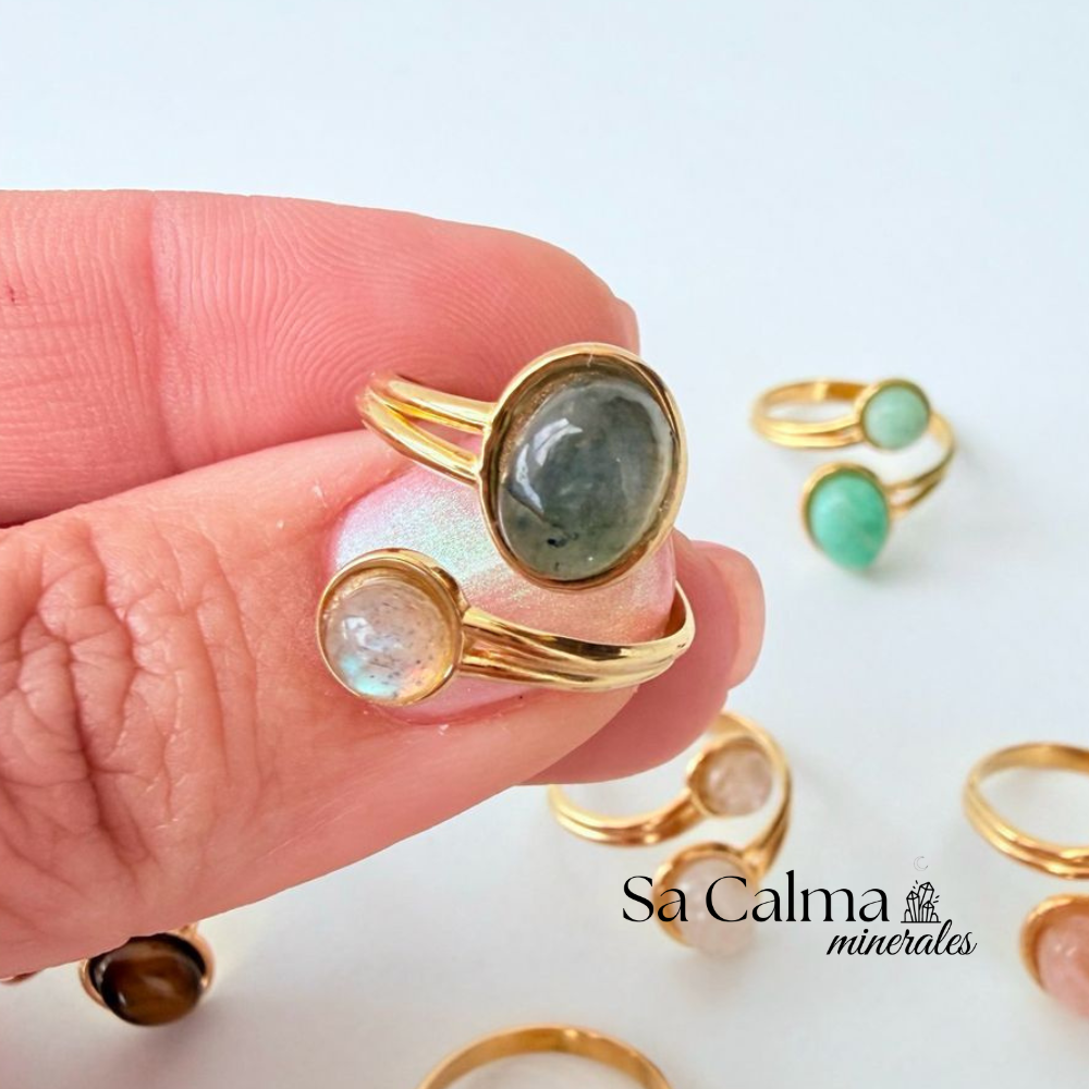 Anillo Dorado de Acero Inoxidable con Labradorita para Protección, Intuición y Energía Positiva
