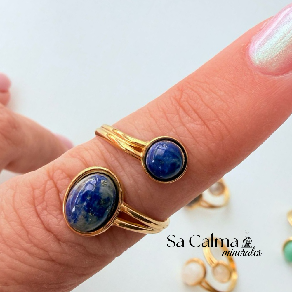 Anillo Dorado de Acero Inoxidable con Lapislázuli para Intuición, Claridad Mental y Energía Positiva