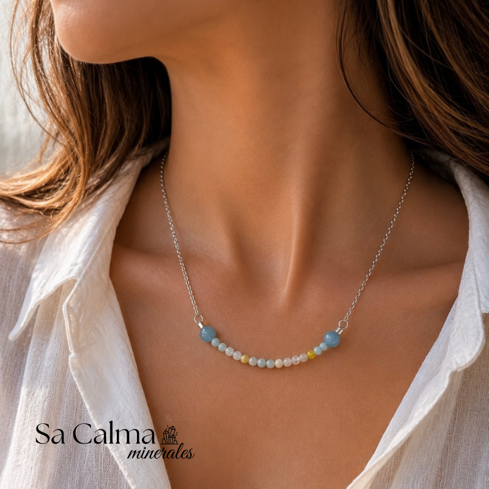 Collar de Acero Inoxidable con Morganita y Aguamarina – Amor, Calma y Equilibrio Emocional