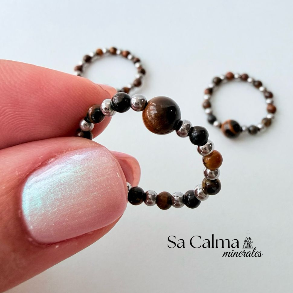 Anillo Elástico con Ojo de Tigre y Hematite para Protección, Seguridad y Energía Positiva