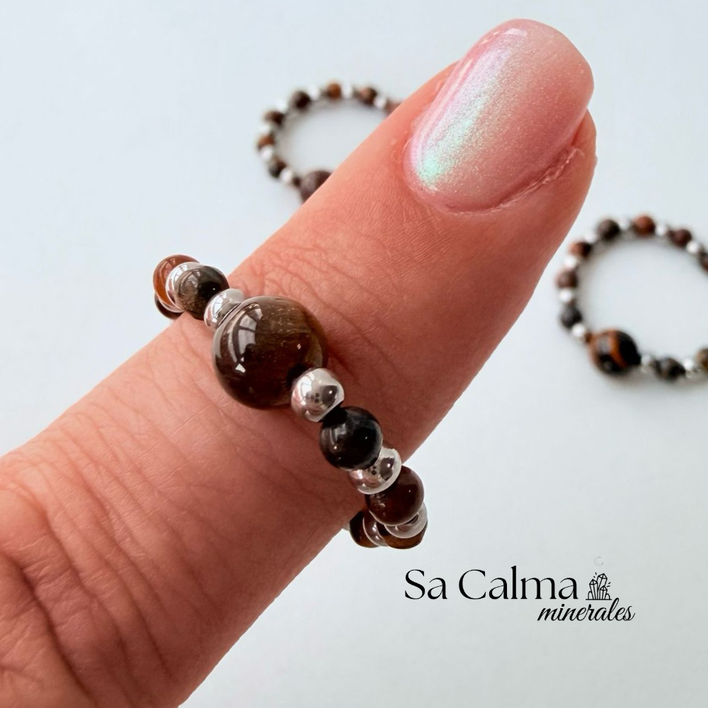 Anillo Elástico con Ojo de Tigre y Hematite para Protección, Seguridad y Energía Positiva