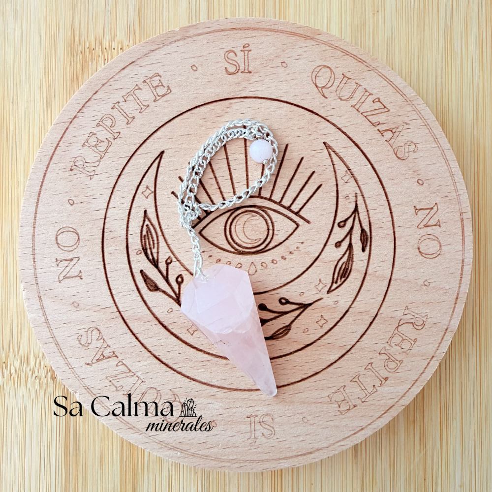 Péndulo de Cuarzo Rosa con Tabla – Radiestesia y Conexión Emocional