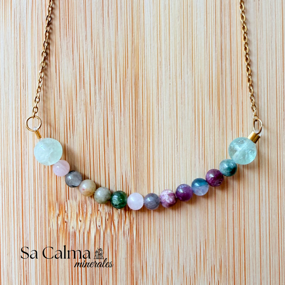Collar de Acero Inoxidable con Turmalina Sandía y Fluorita – Equilibrio, Amor e Intuición
