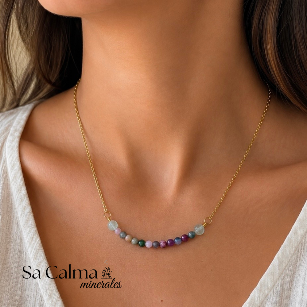 Collar de Acero Inoxidable con Turmalina Sandía y Fluorita – Equilibrio, Amor e Intuición