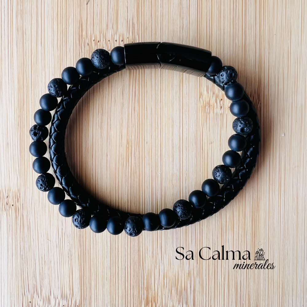 Pulsera de Cuero con Piedra de Lava y Shungita | Cierre de Acero Negro | Protección Energética