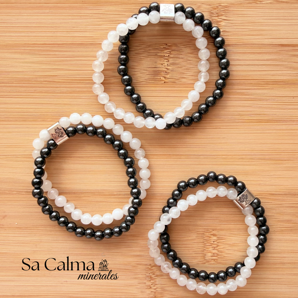 Pulsera Doble de Hematite y Cuarzo Cristal – Protección, Claridad y Equilibrio Energético